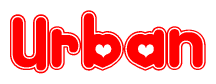 The image is a clipart featuring the word Urban written in a stylized font with a heart shape replacing inserted into the center of each letter. The color scheme of the text and hearts is red with a light outline.