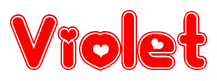 The image is a red and white graphic with the word Violet written in a decorative script. Each letter in  is contained within its own outlined bubble-like shape. Inside each letter, there is a white heart symbol.