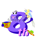 The clipart image shows a stylized number '8' with a face, arms, and legs, appearing to be in a celebratory mood. The number is holding a small gift in one hand and a party hat in the other. It is adorned with the text th, indicating a birthday celebration for an 8th anniversary or birthday. The number 8' is purple, and the overall feel of the image is cheerful and festive.