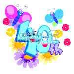 This image displays a vibrant and cartoonish depiction of the number 40, characterized by bright colors and anthropomorphized figures, with smiling faces on the digits '4' and '0'. The background consists of floating flowers and two bees, one on either side of the number, also with friendly facial expressions. The color palette is predominantly shades of blue and pink with yellow accentuations from the flowers. This scene conveys a celebratory atmosphere, likely representing a 40th birthday celebration.