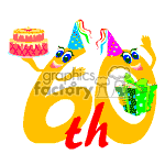 The clipart image depicts a festive and colorful scene related to a birthday celebration for a 60th birthday. The numbers 6 and 0 are anthropomorphized with cartoonish faces, arms, and party hats. The number 6 is holding a birthday cake with candles on top, and the number 0 is holding a wrapped gift. Both characters appear to be cheerful and are wearing birthday hats. The th after the 60 is smaller in size and completes the age reference.