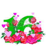 The clipart image displays the number 16 adorned with flowers and hearts around it, suggesting a theme of celebration, likely related to a 16th birthday. There are pink and red roses clustered around the base of the green number, and pink hearts of various sizes float above and around the number, adding a festive, loving atmosphere to the image.