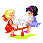 The clipart image depicts two cartoon children playing on a seesaw. One child has blonde hair with a red bow, wearing a red dress with polka dots, while the other child has black hair with a purple headband, wearing a blue dress. They are both seated on opposite ends of a simple brown seesaw, which is positioned over a small patch of green, suggesting grass or ground.