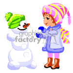 In the clipart image, there is a cartoon of a smiling child dressed in winter clothing, including a blue coat and a pink and yellow striped hat with matching scarf. The child appears to be putting the final touches on a snowman, which is wearing a green hat. The snowman has a happy expression with its stone eyes and carrot nose, and its branches as arms are outstretched. There's snow on the ground, indicating a winter scene.