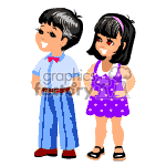 The clipart image features a cartoon representation of two children; a boy and a girl. The boy is wearing a short-sleeved shirt with a collar, a pair of pants, and shoes, while the girl is dressed in a sleeveless dress with a pattern, and she has a hair accessory and shoes. Both children are standing and facing forward with happy facial expressions.