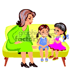 The clipart image depicts an adult woman sitting on a yellow sofa, alongside two young girls who appear to be listening to her. The woman is wearing a green dress and black shoes, with her hair styled in a bob cut. The girl on the left is wearing a blue dress while the girl on the right is dressed in a pink dress with a small blue bow in her hair. 