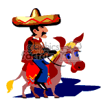Mexican man riding a donkey.