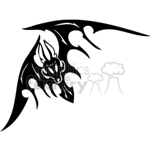 This clipart image features a stylized depiction of a bat in flight. It is designed in a bold and graphic style, suitable for vinyl cutting or similar purposes. The bat has large, extended wings with pointed tips and decorative internal patterns that resemble menacing facial features. The image evokes a sense of eeriness often associated with gothic and Halloween themes.