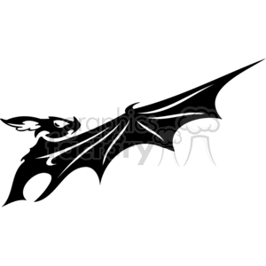 This is a black and white clipart image of a single bat in flight. The bat is depicted in a side profile and has a stylized appearance with clearly defined wings and ears, suitable for vinyl-ready designs. It has a simple and bold design, which makes it ideal for various applications, including Halloween decorations or graphic projects that require a spooky or scary element.