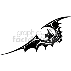 The image depicts a stylized silhouette of a single bat in flight. It has a gothic or artistic design, with flared wings and curling motifs that give it an intricate, decorative appearance. This design could be used for various purposes, such as vinyl decals, Halloween decorations, or as graphics for spooky-themed events.