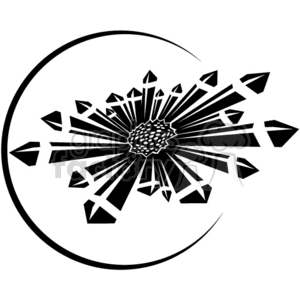 The image appears to be a stylized, abstract design rather than a literal representation of an underwater scene. It features a central motif that could possibly be interpreted as a stylized sunflower or a geometric pattern, surrounded by shapes that radiate outward and could be perceived as arrows or stylized fish shapes, all enclosed within a semi-circular border. The design is monochromatic and has been created with clean, bold lines suitable for vinyl cutting or similar graphic applications.