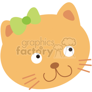 The clipart image shows a cartoon illustration of a cute orange kitten with a green bow on its head. The kitten has white highlights in its eyes, giving it a lively and endearing expression, whiskers on its cheeks, and a small, curved line for a mouth suggesting a happy demeanor.