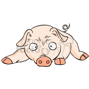 The clipart image features a cute baby pig, often referred to as a piglet. The piglet is depicted lying down with its belly touching the ground, looking directly at the viewer with big, round eyes. Details such as small ears, a little curly tail, and a pink snout with two round nostrils are prominently displayed.