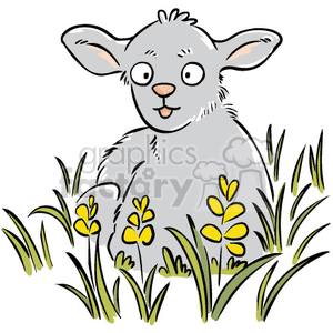 The clipart image depicts a cute baby sheep, also known as a lamb, standing amidst some green grass with yellow flowers. The lamb appears to be looking forward with a friendly expression on its face.