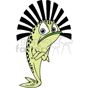 The image is a cartoon depiction of a green fish with an exaggerated, expressive face showing a grumpy or irritated emotion. The fish is standing upright, anthropomorphically, with 'fins' positioned as if they were human arms crossed in a disgruntled manner. The fish has a large spiky fin along its back, wide eyes, and spots on its lower body.
