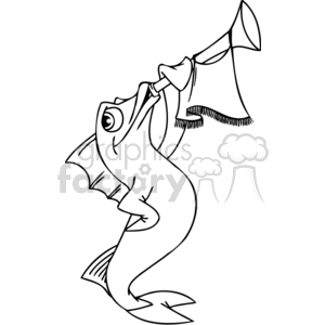 The clipart image depicts a whimsical and humorous illustration of a fish blowing a trumpet. The fish is drawn in a cartoon-like style with exaggerated features and it appears to be depicted in the act of playing the musical instrument with gusto.