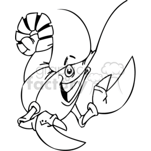 The clipart image shows a comical, animated crayfish. The crayfish has a large smiling face and is anthropomorphized with two big eyes, one of which is winking. It has its claws raised as if it is dancing or posing playfully. The image is in a black and white outline style, suitable for coloring activities.