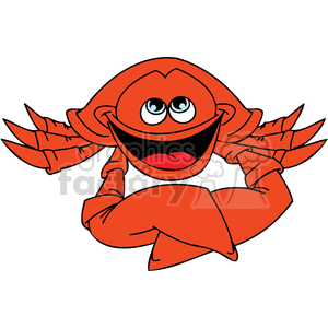 The image features a cartoon of a smiling red crab. The crab has big, expressive eyes, a wide-open mouth showing its excitement or happiness, and raised claws as if it is flexing or showing off muscles. The crab's body and claws are prominently displayed, and it is drawn in a playful and whimsical style that conveys a humorous and light-hearted tone.