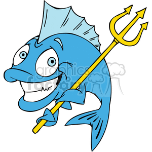 The clipart image displays a comical and stylized fish that is colored blue. The fish has a pronounced smiling expression and large, googly eyes that give it a humorous appearance. It's holding a yellow trident, suggesting that it is perhaps personified as a sea creature with attributes commonly associated with the mythological figure Poseidon or Neptune, the god of the sea.
