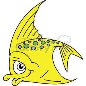 The image shows a colorful, cartoon-style depiction of a fish with humorous characteristics. The fish is primarily yellow, with a big, spikey fin and various colored dots on its body, which add to its whimsical appearance. The fish has large, expressive eyes and a pronounced, puckered mouth, typical of funny or exaggerated cartoon representations.