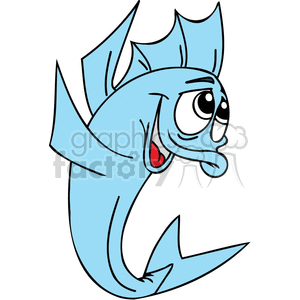 The image shows a cartoon of a blue sailfish with a prominent dorsal fin, called a sail, which gives the fish its name. The sailfish is depicted with large expressive eyes and a small red area inside its mouth, giving it a slightly comical and friendly appearance.