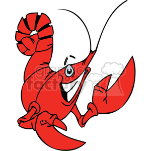 The image is a funny cartoon depiction of a red lobster with a cheerful expression. The lobster is standing upright on its tail fins with one claw raised in a gesturing or waving position and the other claw at its side.