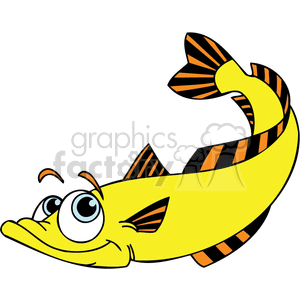 The clipart image features a cartoon-style, funny-looking, yellow fish with exaggerated, large, googly eyes. It has orange and black stripes on the fins and the tail, adding to its whimsical appearance.