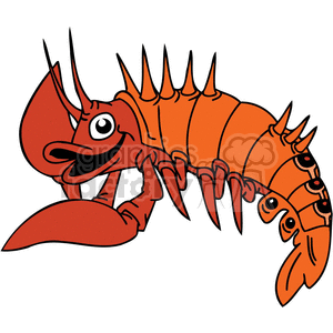 The image is a clipart of a stylized cartoon crayfish or lobster with exaggerated features, which give it a comical appearance. It has a large claw raised, a big eye with a humorous expression, and a segmented orange body with numerous legs and spines.
