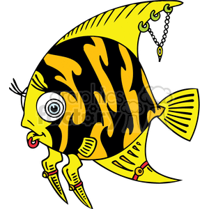 This clipart image features a quirky and stylized yellow fish with black stripes, which appears to be inspired by goth subculture. The fish has various exaggerated features that align with gothic fashion, such as a dramatic, wide-eyed expression, multiple piercings including a nose ring and a lip ring, a chain earring connecting to a spiked collar around the fin, and what looks like two dagger-shaped decorations or additional piercings on the lower fins. The fish also has a playful tuft of hair, similar to an eyebrow piercing, on the top of its head.