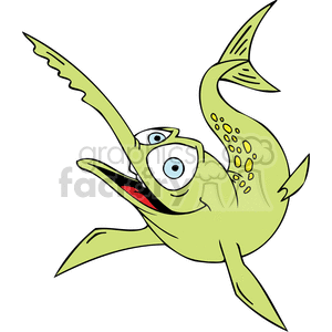 The image is a cartoon of a green fish with large, exaggerated features including big eyes and an open mouth showing its tongue. The fish appears to be surprised or shocked.