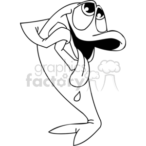 The clipart image features a whimsically drawn, funny caricature of a fish. The fish is standing upright on its tail fins with its hands on its hips, giving off a playful human-like posture. It has large, exaggerated eyes with a humorous expression, complete with raised eyebrows, and its mouth is wide open as if it's talking or gasping. 