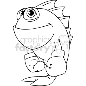 The clipart image shows a cartoon fish with human-like eyes and a facial expression, standing upright on its tail fins. The fish is wearing boxing gloves and appears to be in a boxing stance, ready to engage in a boxing match. The image is humorous because it combines elements of aquatic life with the traditionally human activity of boxing.