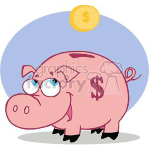 Pink piggy bank with dollar sign on the body and a coin being droped in to it. 