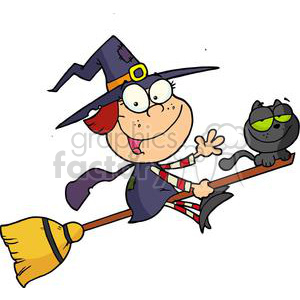 Halloween Little Witch with her Black Cat Flying on a Broom
