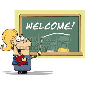 A Blond Female School Teacher With A Pointer Displayed On Chalk Board Text Welcome!