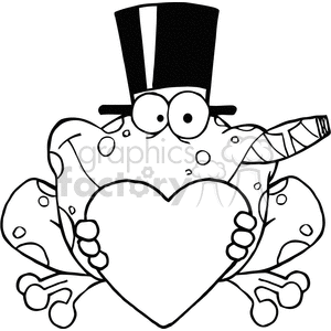 This clipart image features a humorous depiction of a frog. The frog is wearing a top hat and holding a heart shape, suggesting a theme of love or celebration. It's a black and white line drawing suitable for coloring activities or whimsical graphic design use.