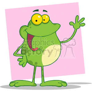 The image displays a cartoon frog with a humorous expression, standing upright and waving. This stylized amphibian is characterized by its large, bulging yellow eyes, wide open mouth, and a friendly demeanor as indicated by its gesture and facial expression. The frog has a green body with a lighter belly, spotted skin texture, and disproportionate, comical features adding to the playful nature of the image. It is set against a pink background with a drop shadow giving the impression that the frog is standing on a surface.