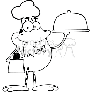 The image is a black and white line drawing of a humorous, anthropomorphic frog character dressed as a chef. The frog is standing upright on its hind legs and is wearing a chef's hat, a bow tie, and an apron. It's holding a serving tray with a covered dish, suggesting that it's about to serve a meal. The frog has a cheerful and somewhat goofy expression, with bulging eyes and a wide grin.