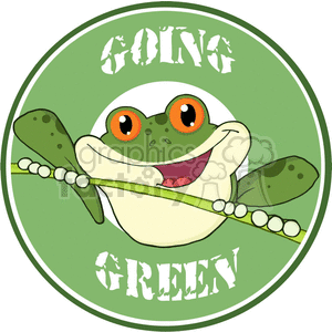 The clipart image features a humorous illustration of a green frog with large, bulging, orange eyes, and a wide, happy smile. The frog is biting on a green, leafy stalk, possibly signifying a green lifestyle or environmental friendliness. The background is a circular, green field with the words GOING at the top and GREEN at the bottom, implying a theme of environmental consciousness.