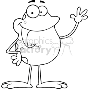 This image features a cartoon frog with a humorous expression. It’s a black and white line drawing. The frog is standing upright on two legs, has large eyes, and appears to be waving or gesturing with one hand.