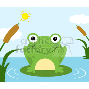 This clipart image features a cheerful green frog with large, round eyes sitting on a lily pad in a pond. The frog is smiling and looking forward. The pond is depicted with ripple effects around the lily pad. In the background, there is blue sky with a few white clouds and a bright yellow sun shines high in the sky. Two cattails are also visible, one on each side of the frog, against the backdrop of the pond.