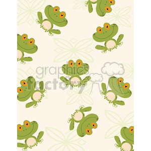 The clipart image features a pattern of cute, cartoon-style frogs. Each frog is designed with a cheerful expression and big, bright orange eyes that make them look friendly and funny. The background has a pale color with subtle decorative elements resembling leaves or flowers, which adds a playful and natural touch to the overall design.