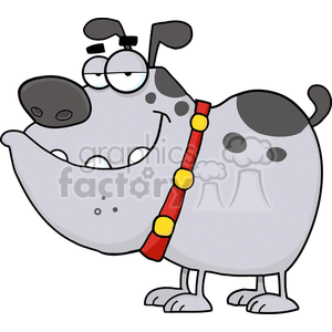 The clipart image features a cartoon of a happy, funny-looking dog with a large grin, round body. The dog has a single red and yellow colored collar around its neck with a loose hanging end that suggests a leash. The dog is grey with darker grey spots scattered on its body.