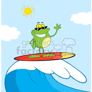 The image is a fun and cartoonish depiction of a green frog wearing sunglasses and surfing on a wave. The frog is standing on a red and yellow surfboard, flashing a relaxed and happy gesture with one hand raised and smiling widely. In the background, there's a sunny blue sky with a bright sun and a floating white cloud.