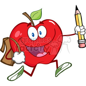 5801 Royalty Free Clip Art Happy Red Apple Character With School Bag And Pencil Goes To School
