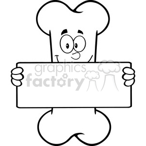 Royalty Free RF Clipart Illustration Black And White Funny Bone Cartoon Mascot Character Holding A Banner
