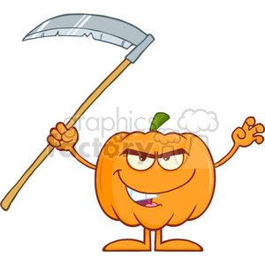 Royalty Free RF Clipart Illustration Scaring Halloween Pumpkin With Scythe Cartoon Mascot Character