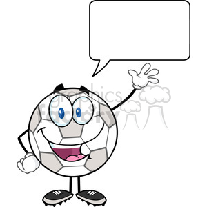 Royalty Free RF Clipart Illustration Happy Soccer Ball Cartoon Character Waving For Greeting With Speech Bubble