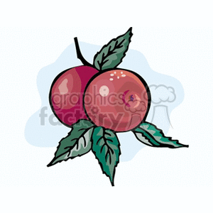 This clipart image depicts two ripe, shiny apples with green leaves on a branch, illustrating an agricultural or food theme commonly associated with fresh produce.
