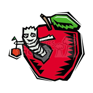 The image depicts a stylized red apple with a smiling worm poking out from a hole in the apple. The worm is holding a small red flag. The worm appears cartoonish with defined segments and a playful expression. The apple has a green leaf attached to its stem.